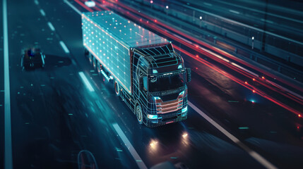 Fototapeta premium Futuristic autonomous truck driving on a digital highway at night with neon lights and high-tech graphics