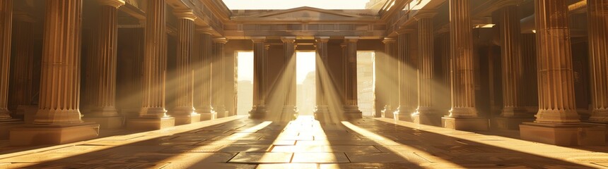 A wide shot of an empty ancient Greek temple with marble columns and sun rays shining through the windows, cinematic, hyper realistic in the style of an ancient Greek temple