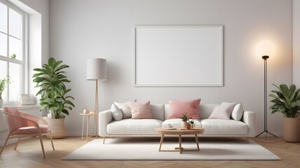 Scandinavian living room interior with blank horizontal poster frame mockup and modern sofa,3D rendering. Mockup poster frame with minimalist modern interior background.