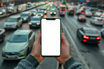 Hands holding smartphone with blank screen on busy city street with car traffic. Mobile phone with isolated display, mock up for template