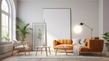 Scandinavian living room interior with blank horizontal poster frame mockup and modern sofa,3D rendering. Mockup poster frame with minimalist modern interior background.