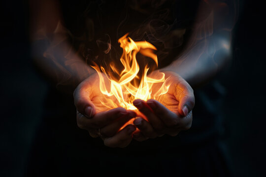 Close-up of hands holding fiery flames with glowing sparks against dark background