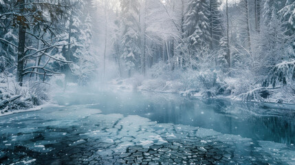 Frozen river in a snowy forest with snow-covered trees and misty atmosphere