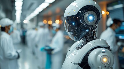 Fototapeta premium The future of surgery unfolds as an AI-enabled robotic arm aids a team of surgeons, demonstrating precision and technological advancement.