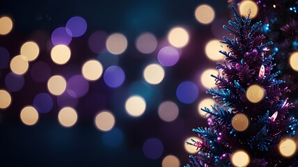 Sparkling Christmas lights. Defocused Christmas tree with festive sparkles on blue and purple abstract background. Generative AI