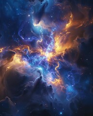 Stunning view of a vibrant nebula. Brilliant colors of blue and orange illuminate the vast, mysterious expanse of the cosmos.