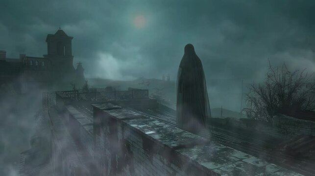 the haunted rooftop, you notice a spectral figure lingering near the edge. Seamless looping time-lapse virtual 4k video animation background