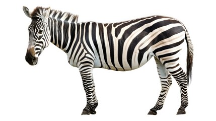 Fototapeta premium Beautiful zebra isolated on a clean white backdrop, its bold stripes creating a captivating contrast against the serene background