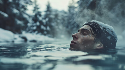 Fototapeta premium Man enjoying winter swimming in a steamy natural hot spring surrounded by snow-covered trees