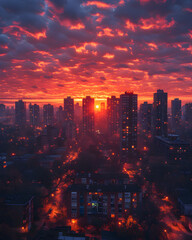 Obraz premium Cityscape with big sky, dramatic back lighting, clean sky, bright, sunrise.