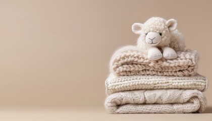 Sheep plush on merino wool baby clothes pile Newborn gifts for Christmas and baby shower charity donation idea Top view