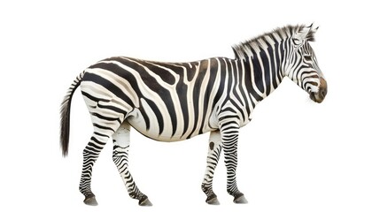 Beautiful zebra isolated on a clean white backdrop, its bold stripes creating a captivating contrast against the serene background