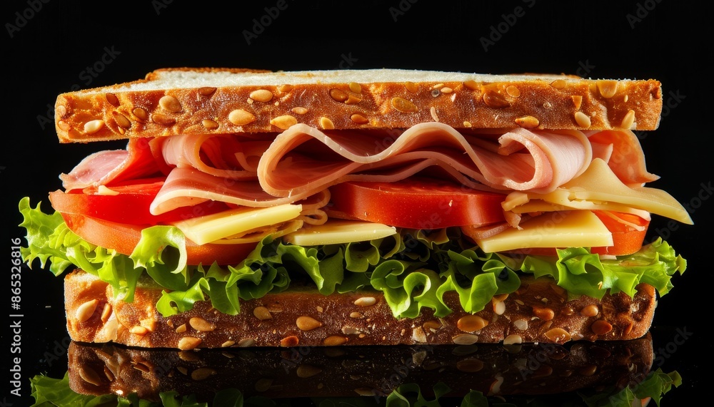 Sticker side view of a ham cheese and fresh vegetable sandwich on a black background