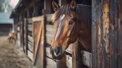 Horse in stable, looking at camera through wooden stall door.