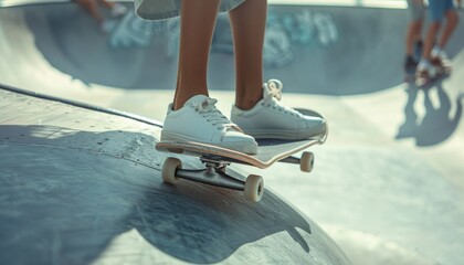 Skater girl s legs on the skateboard prepping for a drop in at the park bowl