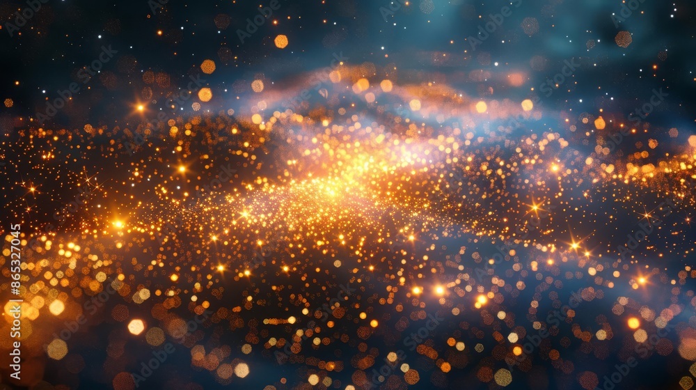 Poster Abstract image of shining golden particles in a dynamic, cosmic-like space with a dark blue background, evoking a sense of wonder and magic.