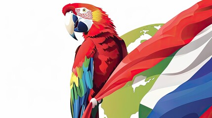 Fototapeta premium A scarlet macaw parrot is standing on a globe with a red, white and blue flag