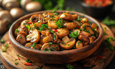 Wooden Bowl With Mushrooms and Parsley