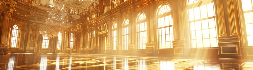 Beautiful golden palace hall with large windows and crystal chandeliers, sun rays shining through the windows. 3d rendering in the style of wide angle lens.