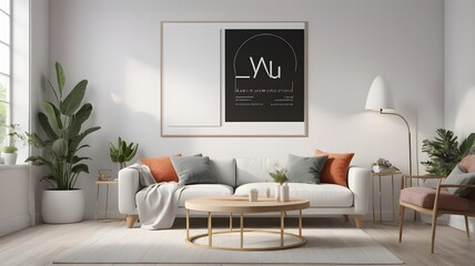 Scandinavian living room interior with blank horizontal poster frame mockup and modern sofa,3D rendering. Mockup poster frame with minimalist modern interior background.