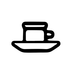 Mug with saucer in doodle style isolated on white background. Signature icon. Outline vector illustration. Can be used as an icon or symbol. Decorative element. Hand drawn black sketch.