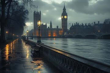 A rainy evening scene by the Thames River showcasing Big Ben and Westminster Palace, illuminated by street lamps reflecting on wet pavements and grey clouds.