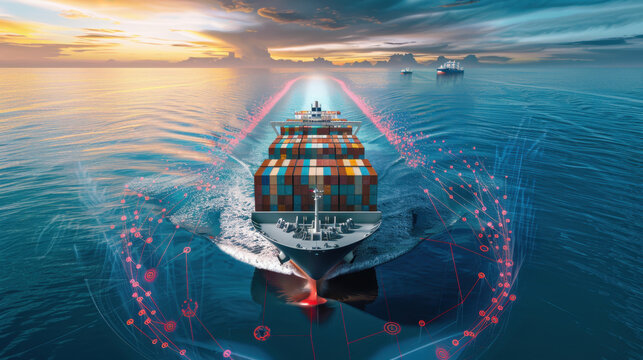 Cargo ship with digital data overlay sailing at sunset in calm ocean, showcasing maritime technology and logistics