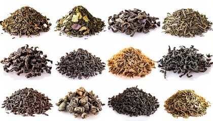 Fototapeta premium Ten famous Chinese green teas isolated on a white background