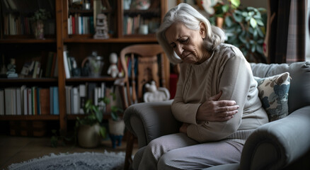 Obraz premium An older woman with gray hair sits in a gray armchair, holding her arm, in pain, she is uncomfortable, in a cozy living room with bookshelves and plants in the background.