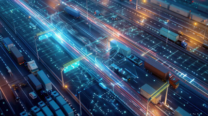Fototapeta premium Aerial view of a futuristic smart highway with autonomous trucks and integrated digital networks at night