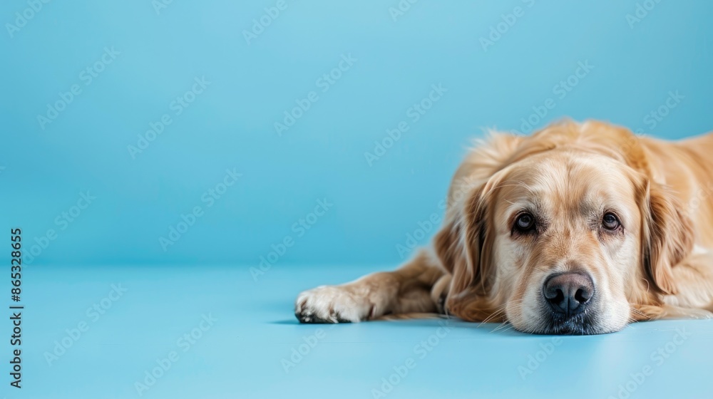 Sticker Happy dog lying on floor isolated on blue background Cute retriever resting