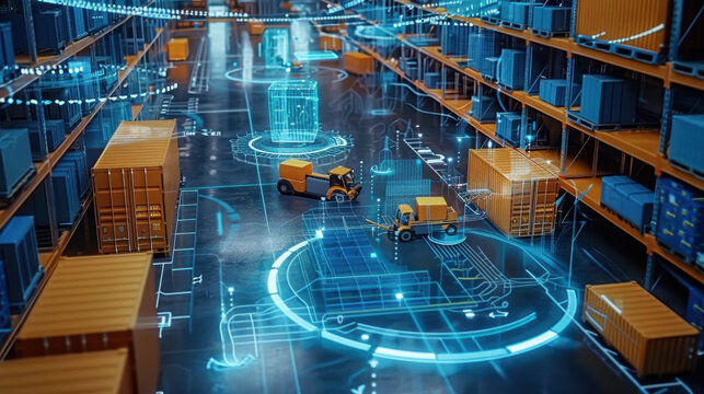 Automated warehouse with robotic vehicles and digital interface, futuristic logistics center, advanced inventory management system