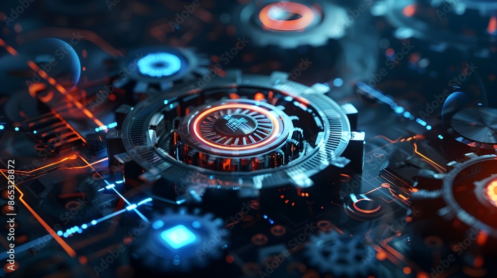 Aufkleber gears and interactive digital mechanisms symbolizing advanced business technologies