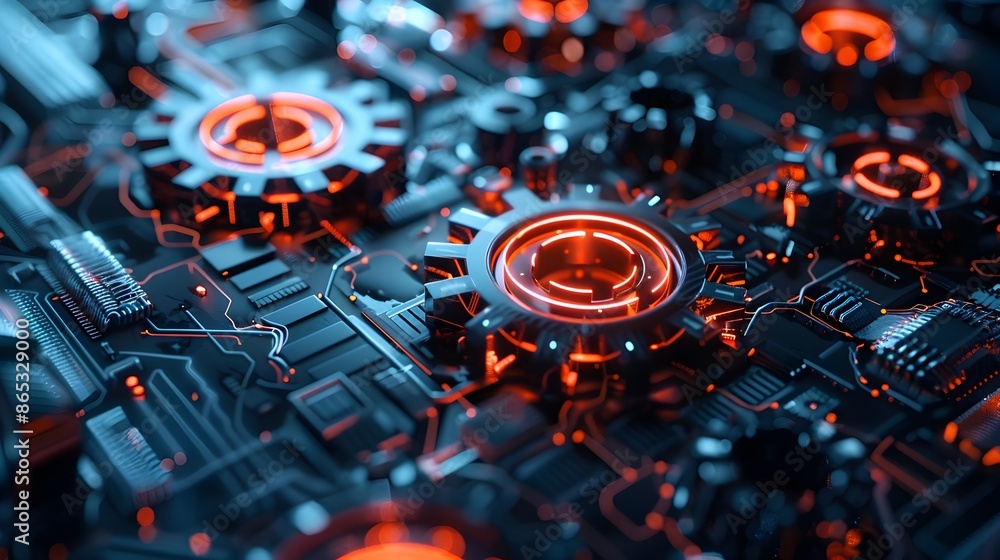 Poster advanced digital 3d gears with interactive elements symbolizing business technologies