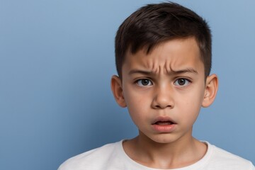 Young boy with angry or dissatisfied face standing against a blue background with copy space.