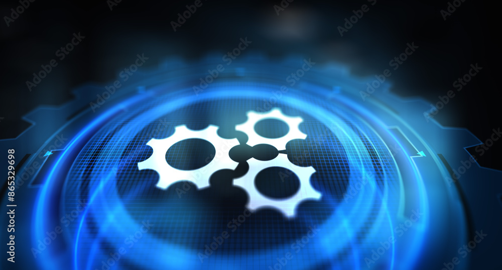 Poster gears mechanism on virtual screen. automation and business process flow. business and technology con