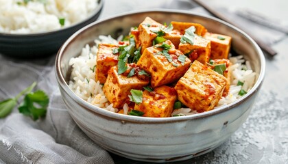 Top view of Korean tofu dubu jorim in a gray bowl with rice and a light background representing Asian vegetarian food