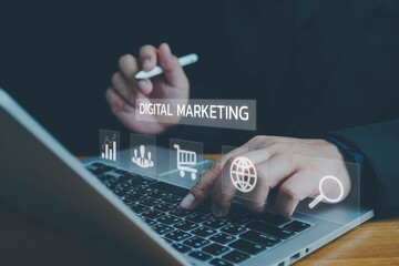 Digital marketing commerce online sale concept, Digital platform for online marketing and network technology concepts, digital , website ad, email, social network, video, SEO and business strategy.