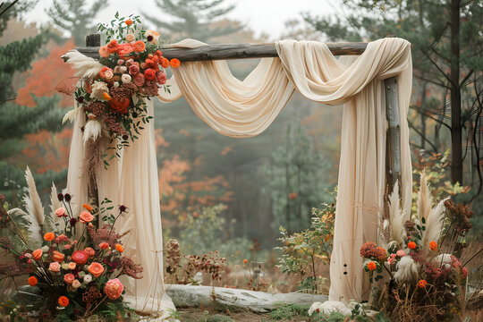 Beautiful boho style wedding arch decorated with flowing drapes and array of colorful flowers. The natural setting adds to romantic, rustic charm, making it perfect backdrop for outdoor weddings