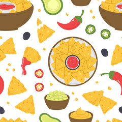 Seamless pattern with nachos snacks, sauces and peppers in cartoon flat style on a white background. Vector illustration of a background with traditional Mexican food