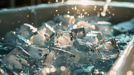 Close-up of refreshing ice cubes splashing in water with sunlight reflections
