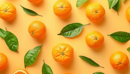Yellow background with tangerines or mandarins and leaves