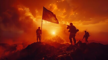 Dramatic sunset with soldiers standing on a mountain peak, holding a flag. Silhouetted against a fiery sky, depicting bravery and victory.
