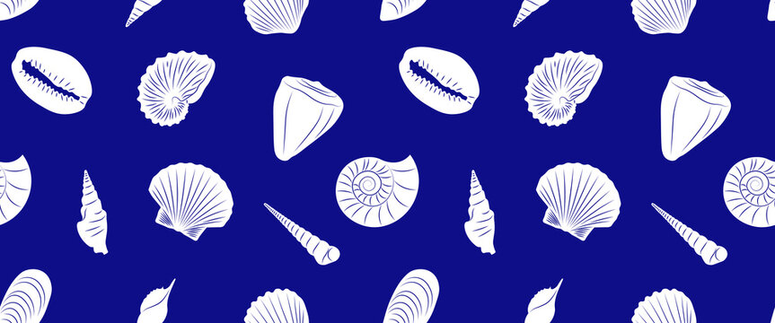 Seamless pattern of white seashell shapes on a blue background