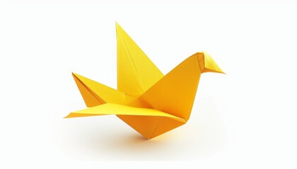 Yellow paper origami dove isolated on white