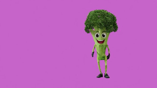 3D animation of a cute broccoli character dancing on a solid background. Perfect for advertising, social media, educational content, and various digital media projects.