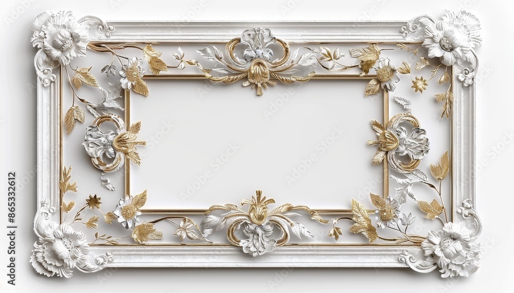 Sticker White and gold frame isolated on white background mockup for interior or gallery design