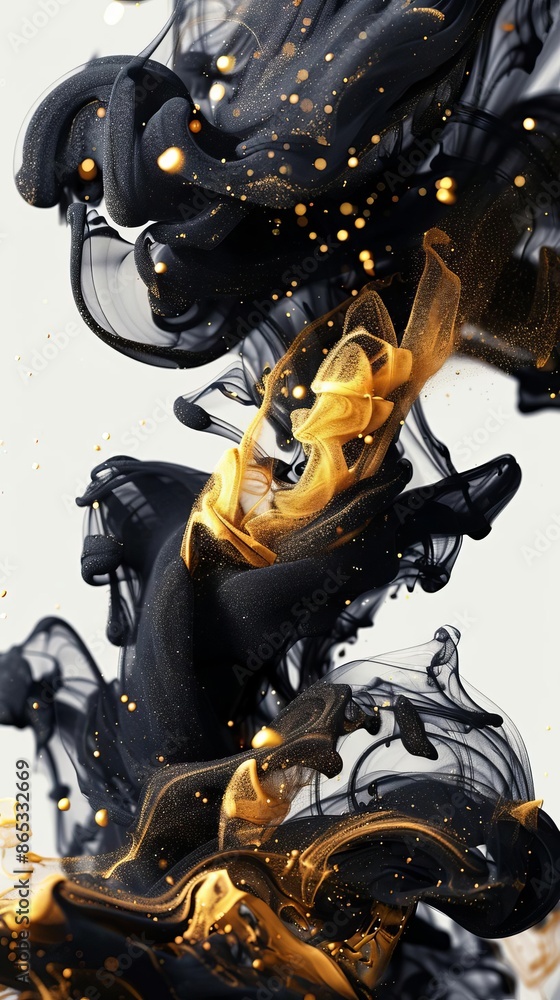Poster abstract black and gold ink in water, flowing and swirling, creating a stunning visual effect for ba