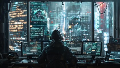 Hacker sitting in a dark room with multiple computer screens displaying data, overlooking a futuristic cityscape at night.