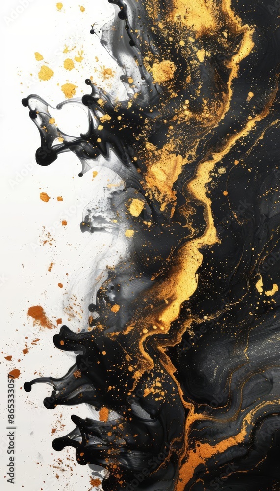 Poster abstract black and gold paint splash on white canvas, creating bold and dynamic art with vibrant con